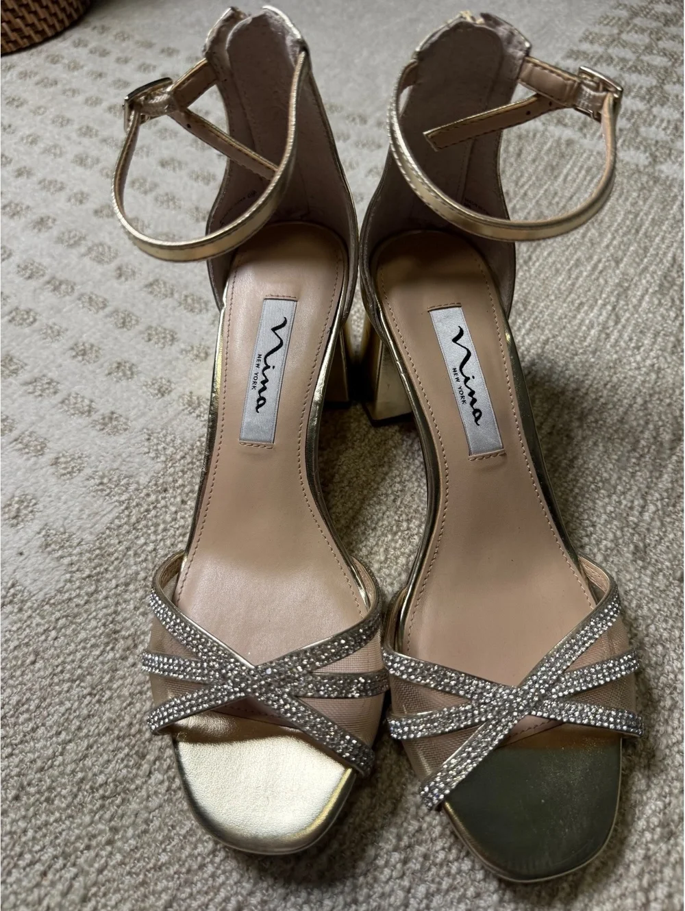 Nina Gold Rhinestone Ankle Strap Block Heel Sandals